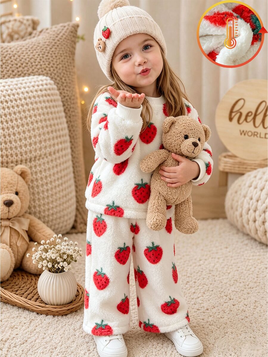SHEIN 2件組幼童女童T恤褲套裝,甜美白色紅色草莓圖案,毛茸茸絨毛長袖圓領加厚冬季節日款,羅紋飾邊 - 彩色 - 查看 1