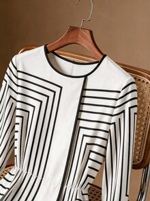 GlowEve CURVE Plus Size Cream Geometric Striped Round Neck Long Sleeve Dress For Women, Luxury Style Elastic Waist Faux Button Front A-Line Midi Skirt, Commuter Elegant Slimming - Black and White - View 5