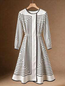 GlowEve CURVE Plus Size Cream Geometric Striped Round Neck Long Sleeve Dress For Women, Luxury Style Elastic Waist Faux Button Front A-Line Midi Skirt, Commuter Elegant Slimming - Black and White - View 6