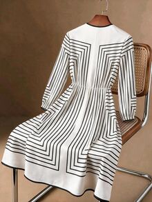 GlowEve CURVE Plus Size Cream Geometric Striped Round Neck Long Sleeve Dress For Women, Luxury Style Elastic Waist Faux Button Front A-Line Midi Skirt, Commuter Elegant Slimming - Black and White - View 2