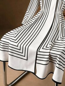 GlowEve CURVE Plus Size Cream Geometric Striped Round Neck Long Sleeve Dress For Women, Luxury Style Elastic Waist Faux Button Front A-Line Midi Skirt, Commuter Elegant Slimming - Black and White - View 4