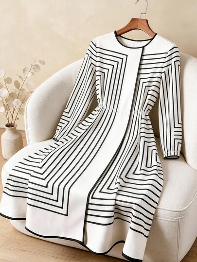 GlowEve CURVE Plus Size Cream Geometric Striped Round Neck Long Sleeve Dress For Women, Luxury Style Elastic Waist Faux Button Front A-Line Midi Skirt, Commuter Elegant Slimming