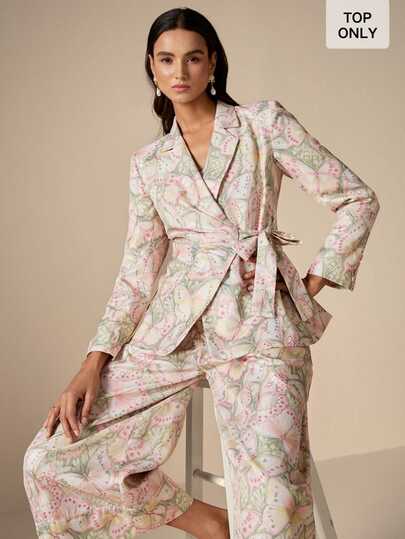 LOTSLUV Women's Autumn Elegant Commute, Light Pink Butterfly Print, Long Sleeve Tie-Up Printed Blazer