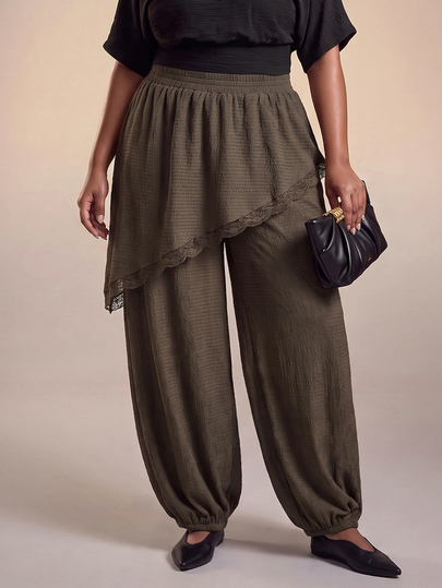 Zivah 2026 Spring/Summer Women's Plus Size New Arrival Anniversary Graduation Season All-Match Versatile Cruise Travel Casual Comfortable Multi-Occasion Summer Apparel Lightweight Casual Fashion Plus Size Clothing Grey-Brown Textured Knit Contrast Lace Hem Faux Two Pieces Cuffed Balloon Pants