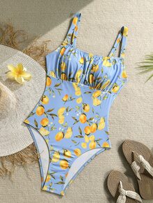 SHEIN Swim 女士热带水果印花连体泳衣，适合海滩度假 - 藍色 - 查看 5