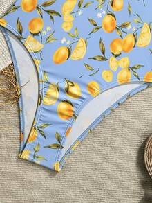 SHEIN Swim 女士热带水果印花连体泳衣，适合海滩度假 - 藍色 - 查看 6