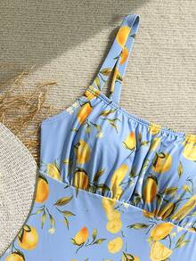 SHEIN Swim 女士热带水果印花连体泳衣，适合海滩度假 - 藍色 - 查看 7