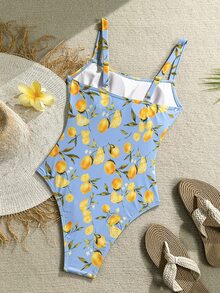SHEIN Swim 女士热带水果印花连体泳衣，适合海滩度假 - 藍色 - 查看 2