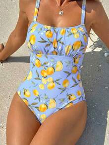 SHEIN Swim 女士热带水果印花连体泳衣，适合海滩度假 - 藍色 - 查看 4