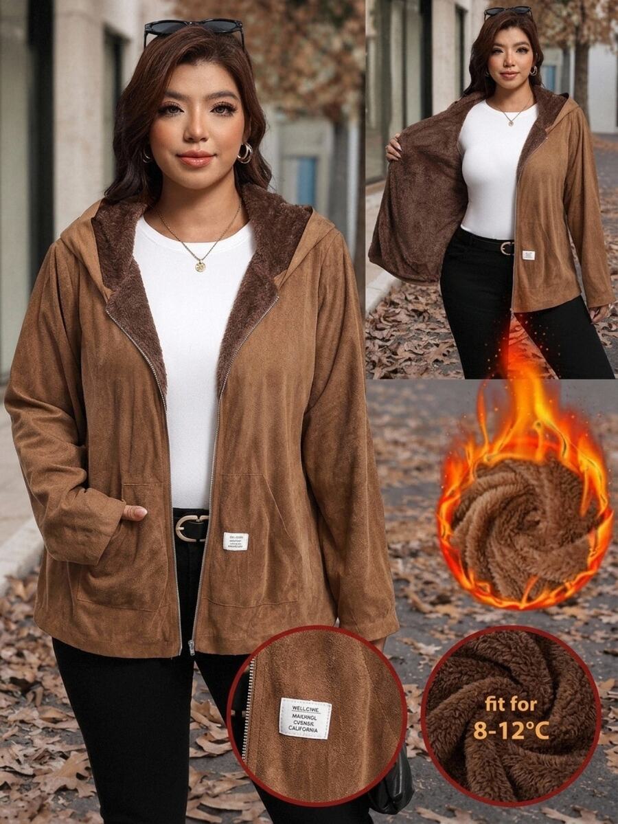 SHEIN Clasi 大尺碼秋冬保暖內裡麂皮連帽夾克 外出度假棕色寬鬆時尚簡約獨特連帽拉鍊外套 - 卡其色 - 查看 1