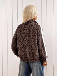SHEIN EZwear 女款復古豹紋拼接長袖拉鍊休閒夾克，秋冬新款，適合日常通勤、約會、聚會、秋冬、夏季、派對、婚禮、海灘、畢業典禮等場合，優雅休閒，適合出遊、Y2K風格、音樂節等場景 - 彩色 - 查看 2