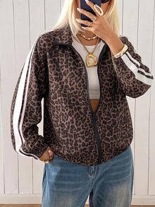 SHEIN EZwear 女款復古豹紋拼接長袖拉鍊休閒夾克，秋冬新款，適合日常通勤、約會、聚會、秋冬、夏季、派對、婚禮、海灘、畢業典禮等場合，優雅休閒，適合出遊、Y2K風格、音樂節等場景 - 彩色 - 查看 7