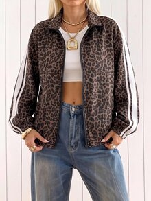 SHEIN EZwear 女款復古豹紋拼接長袖拉鍊休閒夾克，秋冬新款，適合日常通勤、約會、聚會、秋冬、夏季、派對、婚禮、海灘、畢業典禮等場合，優雅休閒，適合出遊、Y2K風格、音樂節等場景 - 彩色 - 查看 5