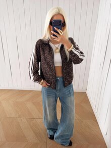 SHEIN EZwear 女款復古豹紋拼接長袖拉鍊休閒夾克，秋冬新款，適合日常通勤、約會、聚會、秋冬、夏季、派對、婚禮、海灘、畢業典禮等場合，優雅休閒，適合出遊、Y2K風格、音樂節等場景 - 彩色 - 查看 4