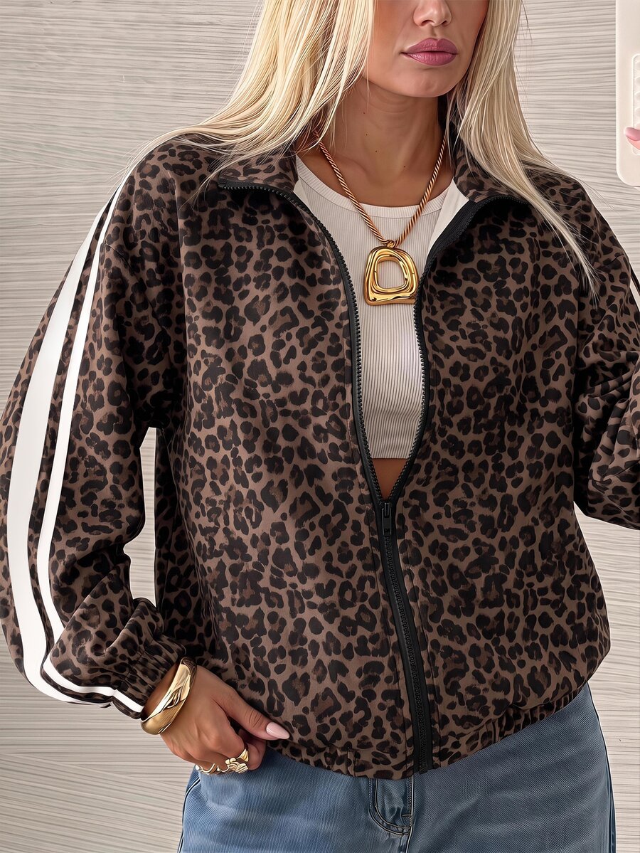 SHEIN EZwear 女款復古豹紋拼接長袖拉鍊休閒夾克,秋冬新款,適合日常通勤、約會、聚會、秋冬、夏季、派對、婚禮、海灘、畢業典禮等場合,優雅休閒,適合出遊、Y2K風格、音樂節等場景 - 彩色 - 查看 1
