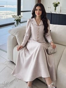 Heiryn 女款翻領長袖鈕扣設計優雅法式成熟風洋裝，通勤茶會秋季早午餐約會辦公室穿搭，灰粉色 - 淺粉色 - 查看 5