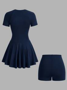 CourtClass CourtClass Women's Solid Color Short Sleeve Sports Dress Dresses For Women - Navy Blue - View 3