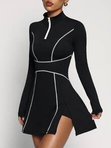 CourtClass CourtClass Gaun Olahraga Wanita Elastis Nyaman Warna Kontras Model Athleisure yang Sopan Cocok untuk Latihan di Luar Ruangan Lengan Panjang Tenis Hitam Putih Musim Gugur - Hitam - View 7