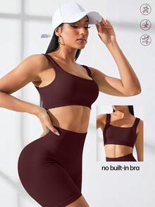 CourtClass CourtClass Burgundy Summer Modest Workout Set,Women's Gym Outfit Rib Knit Tank Top&High Waist Tummy Control Lifting Shorts For Cycling Fitness Training - Burgundy - View 8