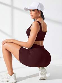 CourtClass CourtClass Burgundy Summer Modest Workout Set,Women's Gym Outfit Rib Knit Tank Top&High Waist Tummy Control Lifting Shorts For Cycling Fitness Training - Burgundy - View 3