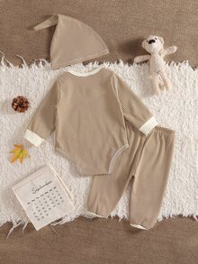 SHEIN Newborn 3-Pack Rompers, Fall Winter Striped Long Sleeve Warm Pajamas, Soft Skin-Friendly Cute Set - Khaki - View 3