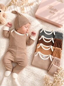SHEIN Newborn 3-Pack Rompers, Fall Winter Striped Long Sleeve Warm Pajamas, Soft Skin-Friendly Cute Set - Khaki - View 8