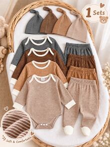 SHEIN Newborn 3-Pack Rompers, Fall Winter Striped Long Sleeve Warm Pajamas, Soft Skin-Friendly Cute Set - Khaki - View 1