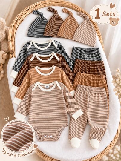 SHEIN Newborn 3-Pack Rompers, Fall Winter Striped Long Sleeve Warm Pajamas, Soft Skin-Friendly Cute Set