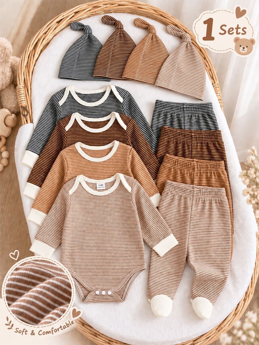 SHEIN Newborn 3-Pack Rompers, Fall Winter Striped Long Sleeve Warm Pajamas, Soft Skin-Friendly Cute Set - Khaki - View 1