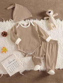 SHEIN Newborn 3-Pack Rompers, Fall Winter Striped Long Sleeve Warm Pajamas, Soft Skin-Friendly Cute Set - Khaki - View 2