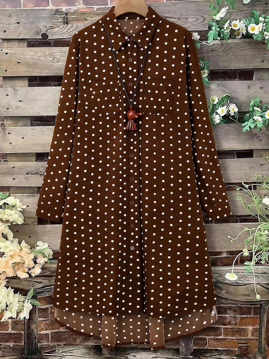 Linhara Women's Casual Striped Pocket Shirt Dress Plus Size - Coffee Brown - View 1