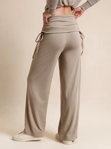 WanderVale Women's Light Color Side Waist Drawstring Design Wide Leg Sports Pants - Apricot - View 2