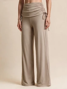 WanderVale Women's Light Color Side Waist Drawstring Design Wide Leg Sports Pants - Apricot - View 5