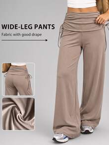 WanderVale Women's Light Color Side Waist Drawstring Design Wide Leg Sports Pants - Apricot - View 1