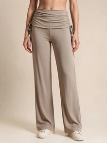 WanderVale Women's Light Color Side Waist Drawstring Design Wide Leg Sports Pants - Apricot - View 4