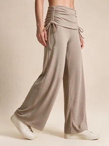 WanderVale Women's Light Color Side Waist Drawstring Design Wide Leg Sports Pants - Apricot - View 3