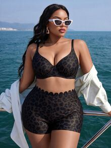 Swim Vcay Plus Size Women's Summer Beach Vacation Bikini Two Pieces Swimwear Leopard Print - Multicolor - View 5