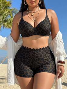 Swim Vcay Plus Size Women's Summer Beach Vacation Bikini Two Pieces Swimwear Leopard Print - Multicolor - View 3