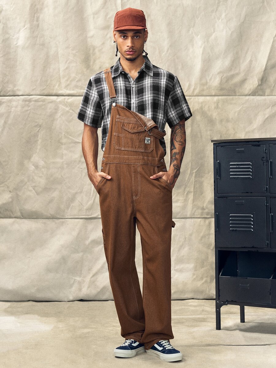 Men's Solid Color Patch Pocket Casual All-Match Sleeveless Denim Overalls - Brown - View 1