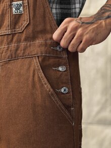 Men's Solid Color Patch Pocket Casual All-Match Sleeveless Denim Overalls - Brown - View 5