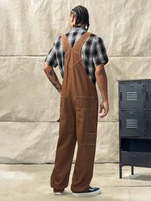 Men's Solid Color Patch Pocket Casual All-Match Sleeveless Denim Overalls - Brown - View 2