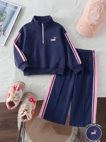 2pcs Toddler Girl Sweatshirt Pants Sweet Navy Pink Dog Embroidery Side Striped Zip Long Sleeve Stand Neck Regular Outdoor Fall Holiday Jacket Jogger - Multicolor - View 9