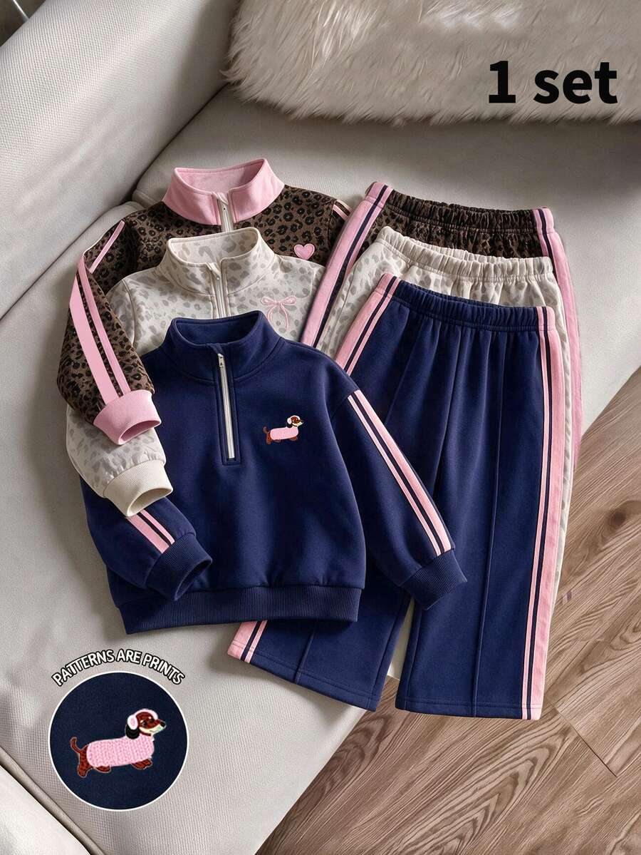 2pcs Toddler Girl Sweatshirt Pants Sweet Navy Pink Dog Embroidery Side Striped Zip Long Sleeve Stand Neck Regular Outdoor Fall Holiday Jacket Jogger - Multicolor - View 1