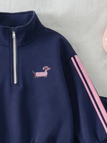 2pcs Toddler Girl Sweatshirt Pants Sweet Navy Pink Dog Embroidery Side Striped Zip Long Sleeve Stand Neck Regular Outdoor Fall Holiday Jacket Jogger - Multicolor - View 7