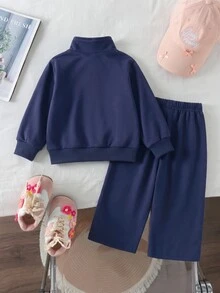 2pcs Toddler Girl Sweatshirt Pants Sweet Navy Pink Dog Embroidery Side Striped Zip Long Sleeve Stand Neck Regular Outdoor Fall Holiday Jacket Jogger - Multicolor - View 2