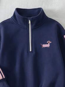 2pcs Toddler Girl Sweatshirt Pants Sweet Navy Pink Dog Embroidery Side Striped Zip Long Sleeve Stand Neck Regular Outdoor Fall Holiday Jacket Jogger - Multicolor - View 5