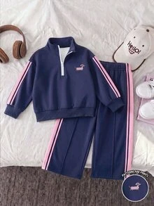 2pcs Toddler Girl Sweatshirt Pants Sweet Navy Pink Dog Embroidery Side Striped Zip Long Sleeve Stand Neck Regular Outdoor Fall Holiday Jacket Jogger - Multicolor - View 3