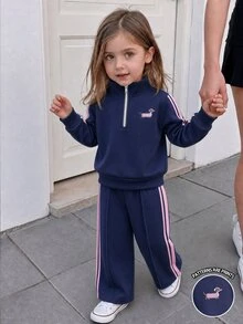 2pcs Toddler Girl Sweatshirt Pants Sweet Navy Pink Dog Embroidery Side Striped Zip Long Sleeve Stand Neck Regular Outdoor Fall Holiday Jacket Jogger - Multicolor - View 4