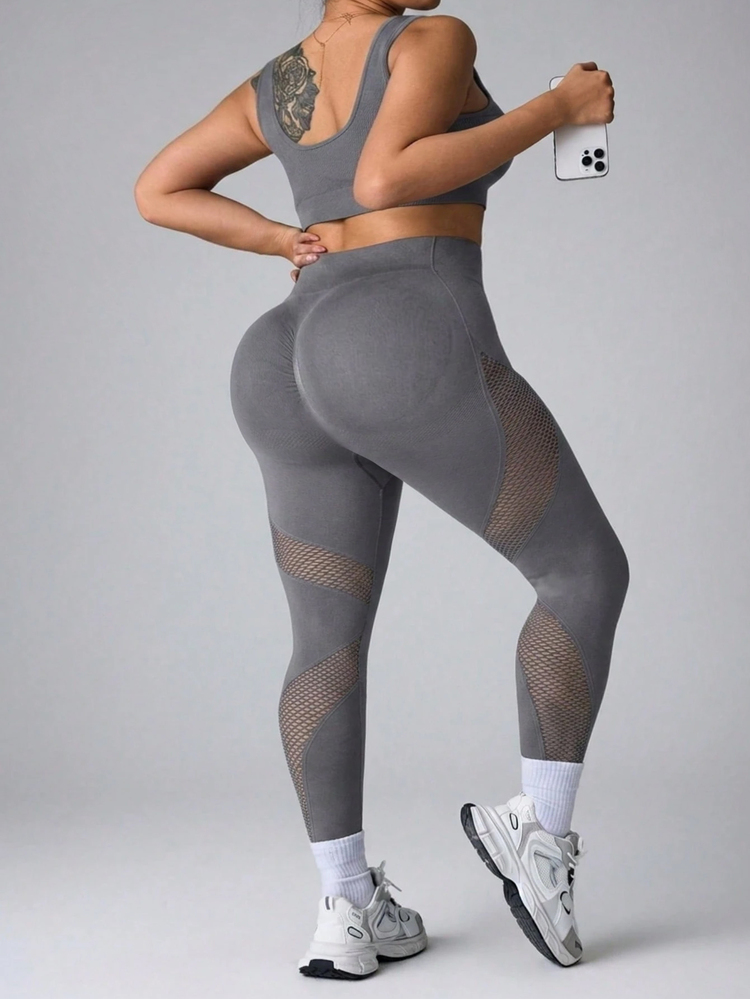 SHEIN Unity Women's Seamless Plus Size Grey Mesh Sports Leggings & Long Pants - Grey - View 4