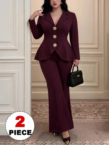 Vibekara 2pcs Set Elegant Vintage Deep Wine Red Plus Size Suit With Lapel V-Neck Ruched Asymmetrical Hem Long Blazer + Slim Fit Flare Pants For Commute, Date, Party - Burgundy - View 9